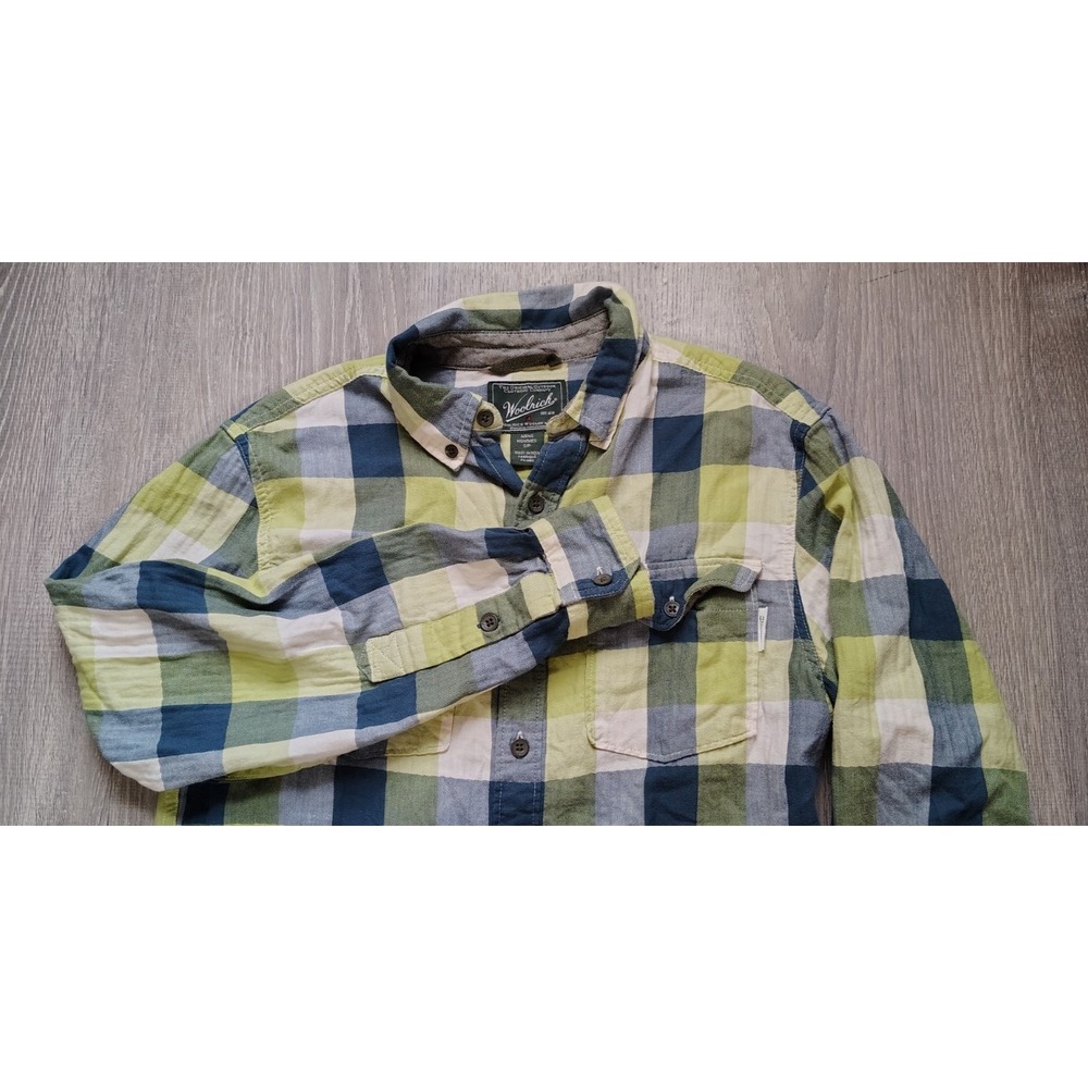 Woolrich Mens Blue Green Plaid Long Sleeve Button Down Shirt Sz S Organic Cotton